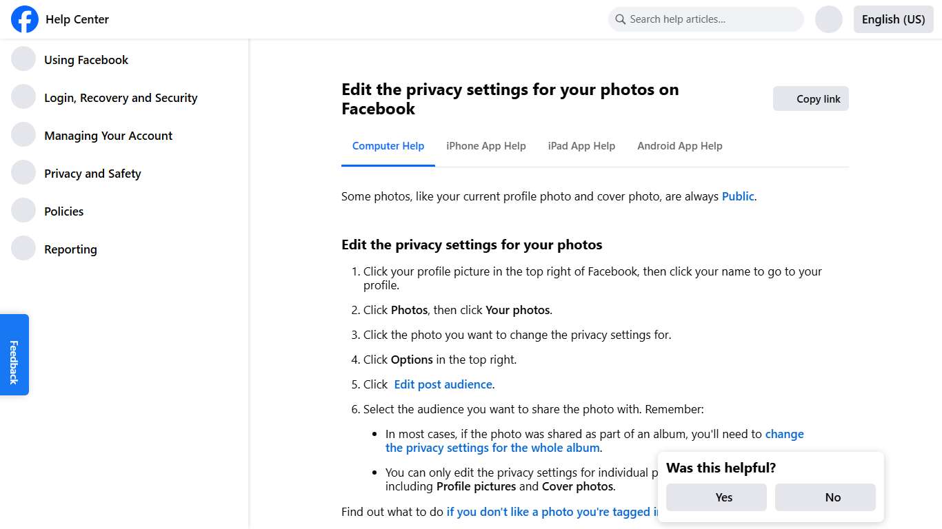 Edit the privacy settings for your photos on Facebook Facebook Help Center